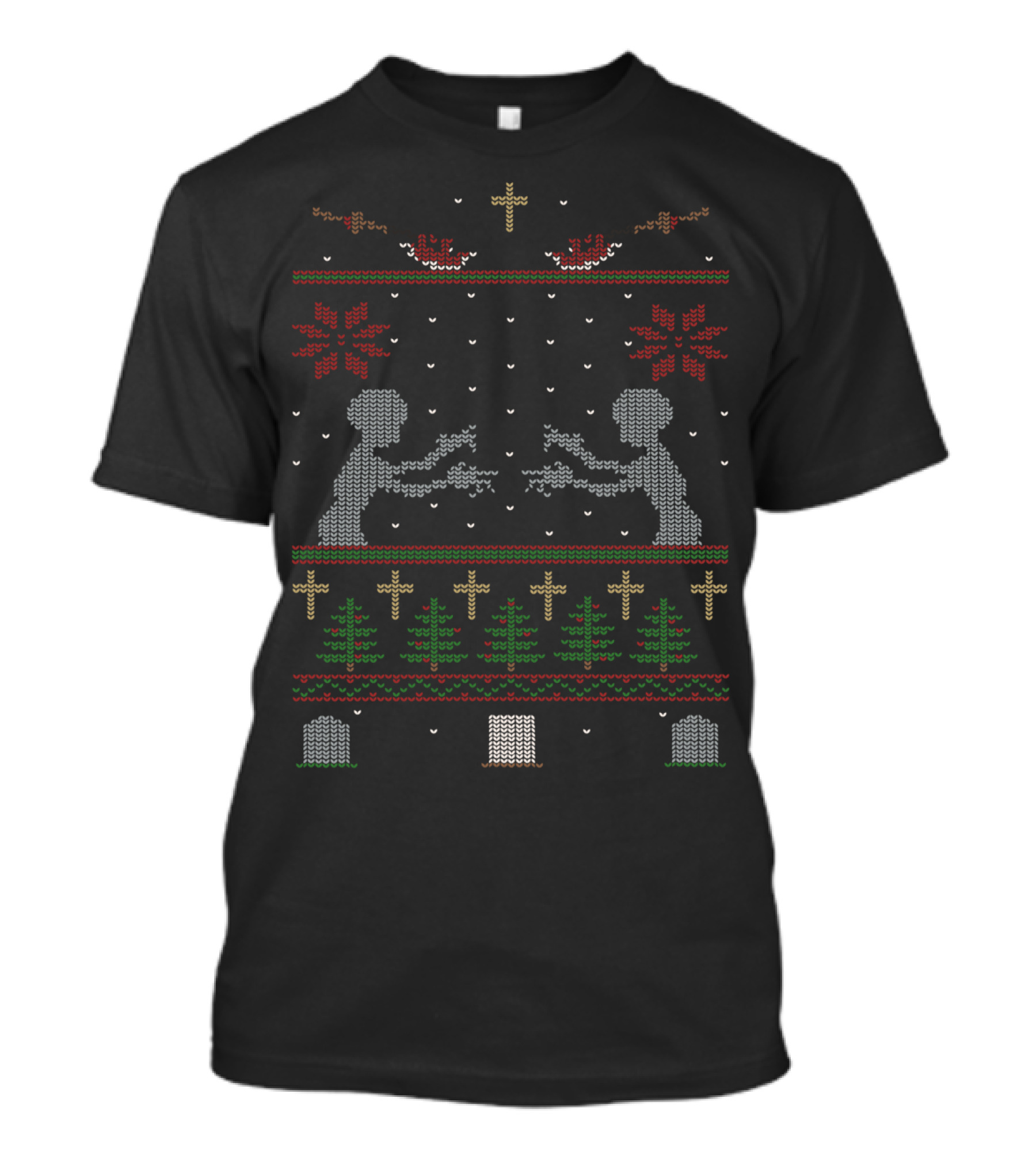 Ugly Buffy Holiday Sweater Pattern With Crosses And Christmas Trees T-Shirt