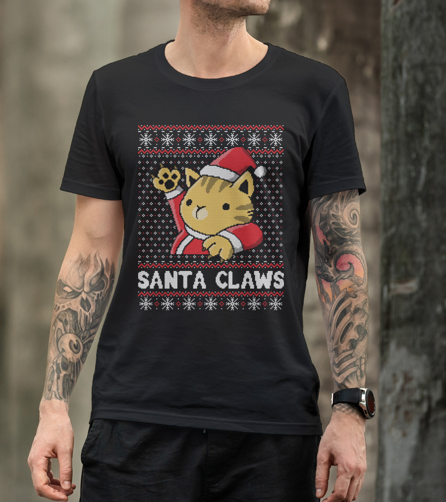 Santa Claws UglyCat Christmas Sweater Holiday Pixel T-Shirt