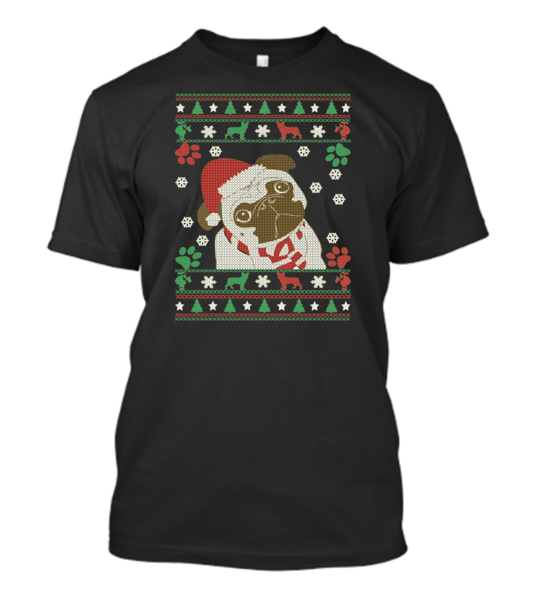 Boston Terrier Christmas Sweater Santa Paws And Snowflakes T-Shirt