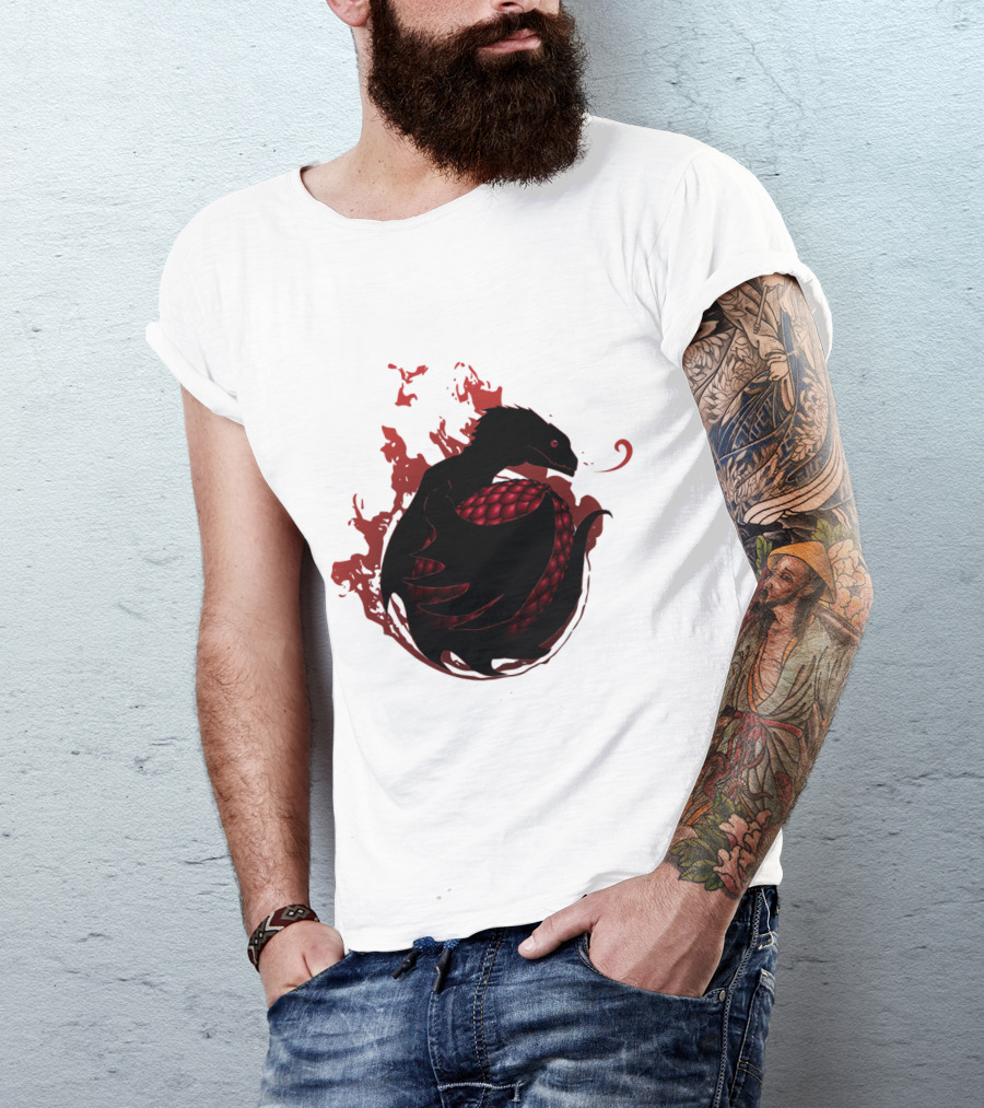 Black Dragon Fiery Silhouette Red Scales T-Shirt