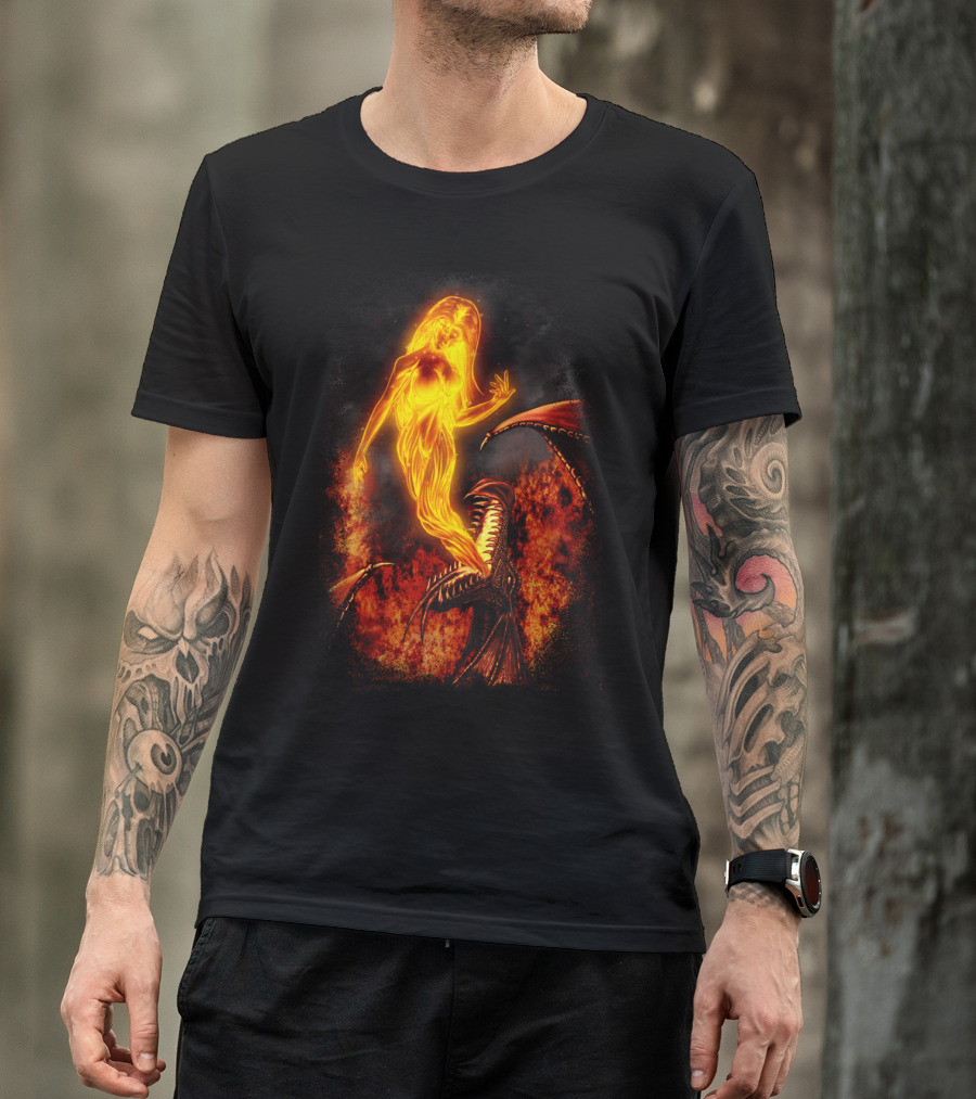 Birth Of Fire Dragon And Flame Woman Fantasy Scene T-Shirt