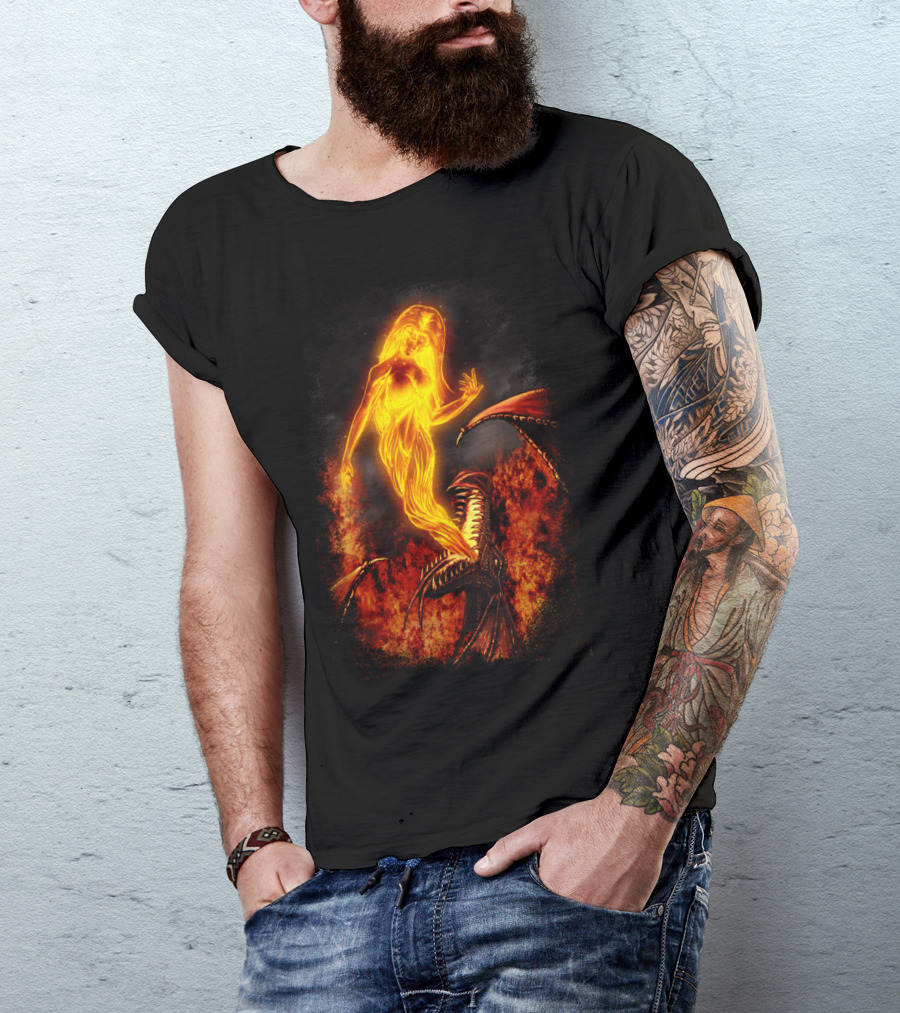 Birth Of Fire Dragon And Flame Woman Fantasy Scene T-Shirt