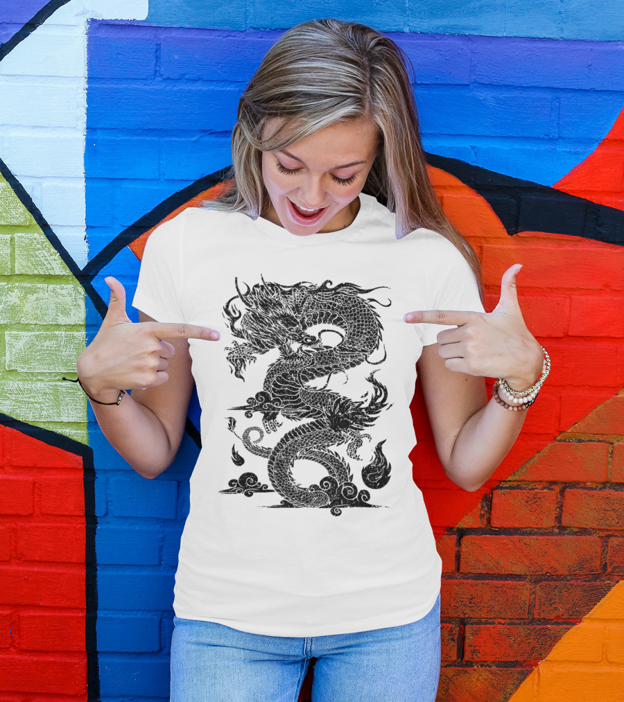 Chinese Dragon On Bright Black Serpent Motif T-Shirt