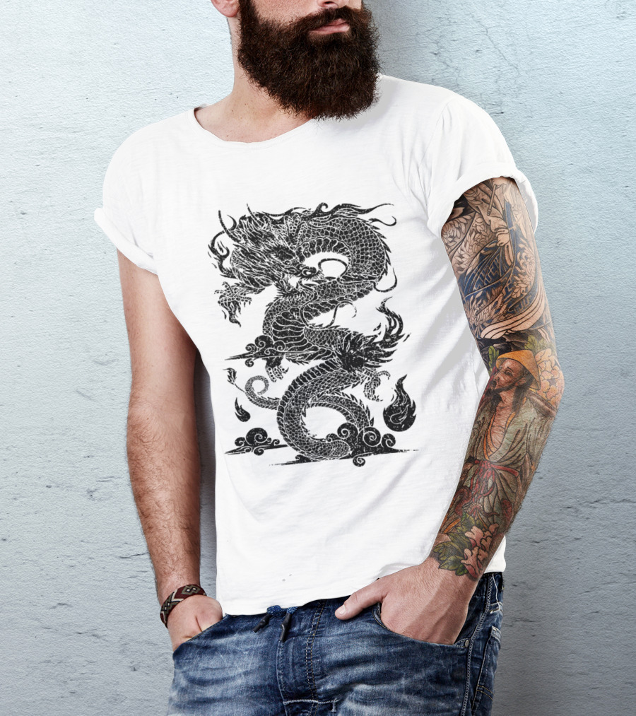 Chinese Dragon On Bright Black Serpent Motif T-Shirt