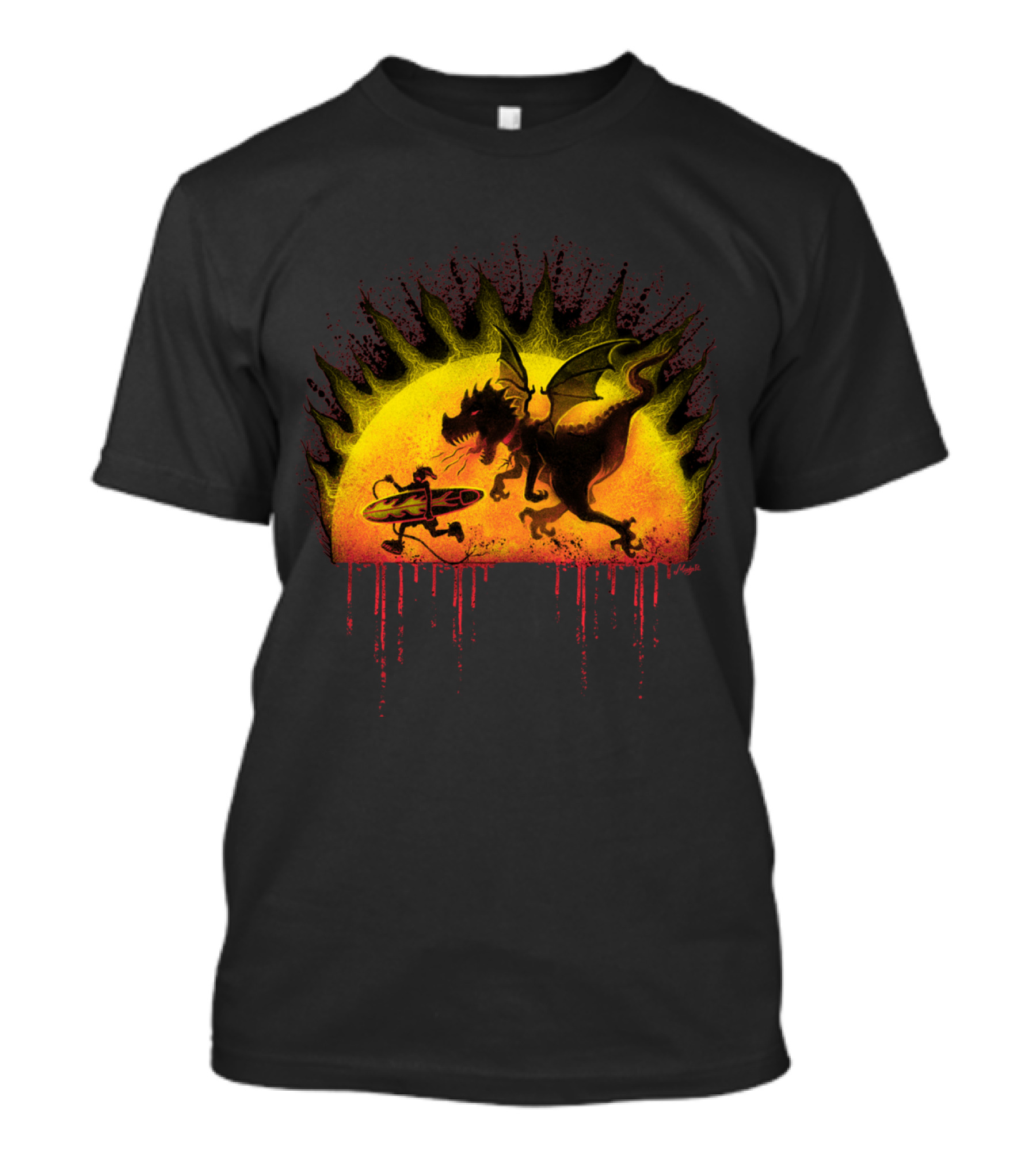 Man Escaping From Dino Dragon Under Sun Burst With Surfboard T-Shirt