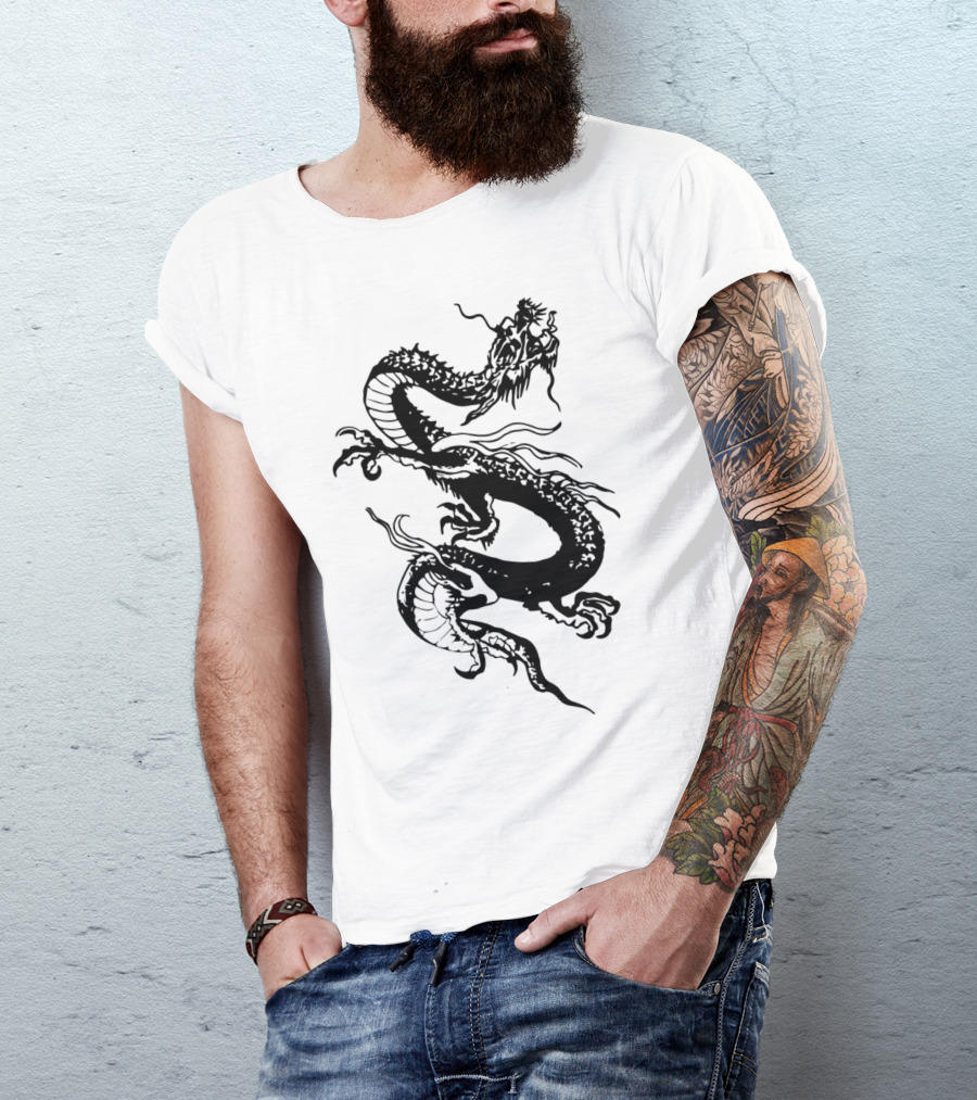 Dragon Black Asian Style Serpent Motif T-Shirt
