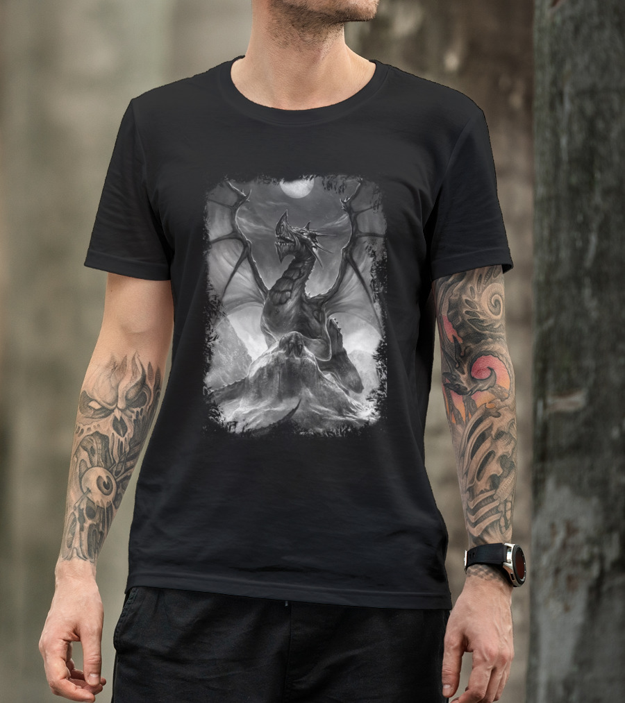Black And White Dragon On Mountain With Full Moon T-Shirt