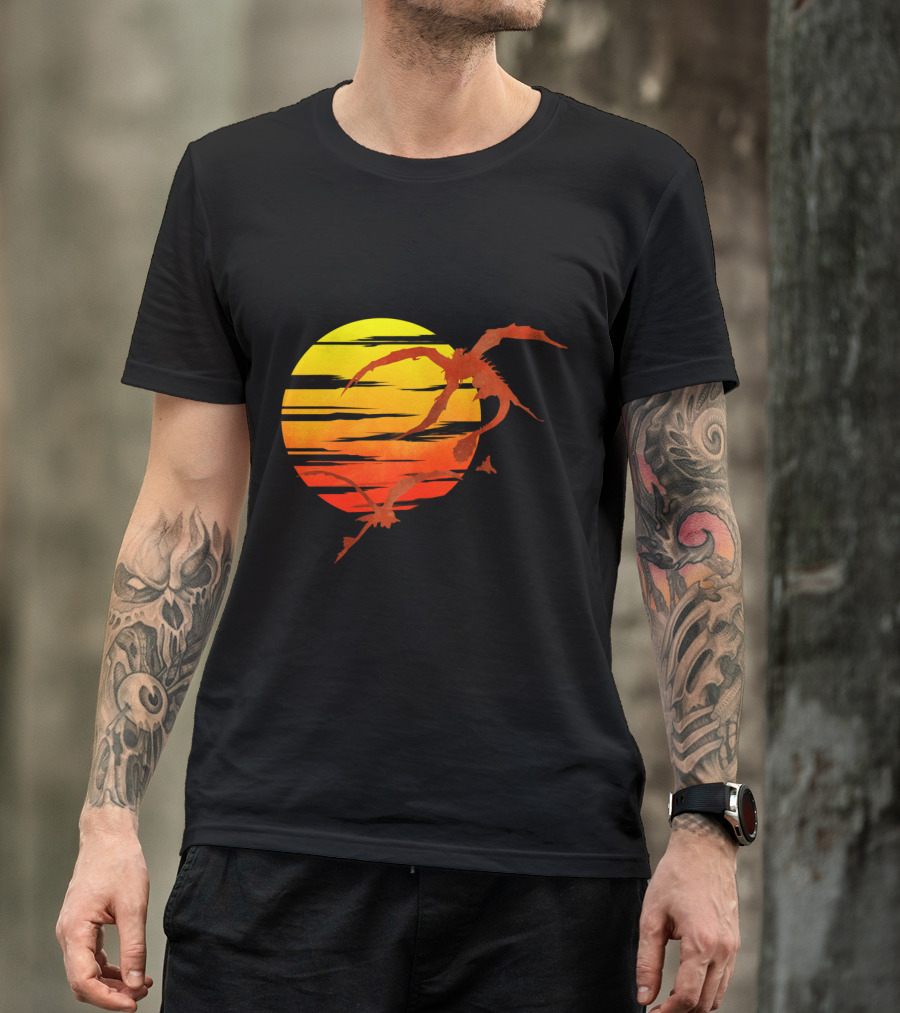 Sunset Dragon Silhouette In Fiery Sky T-Shirt