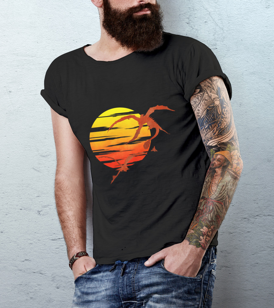 Sunset Dragon Silhouette In Fiery Sky T-Shirt