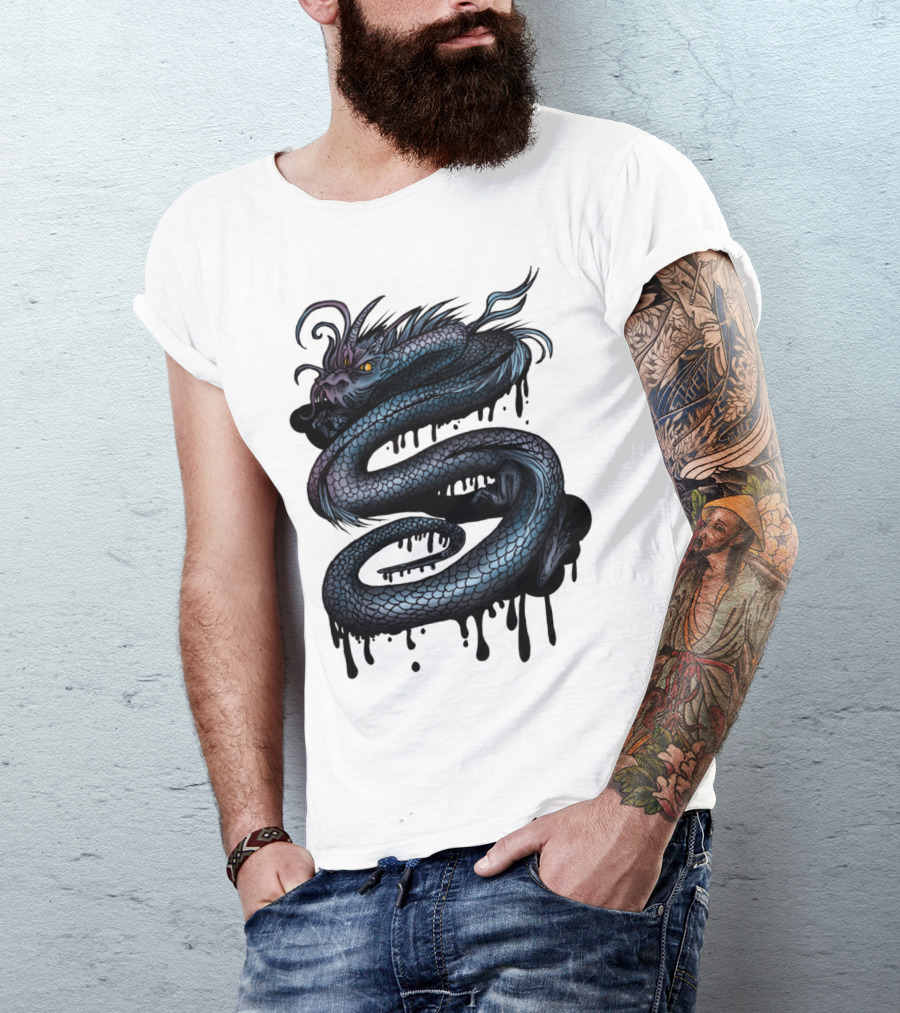 Dragon Swirl Serpent Mythical Creature With Dripping Ink Effect T-Shirt