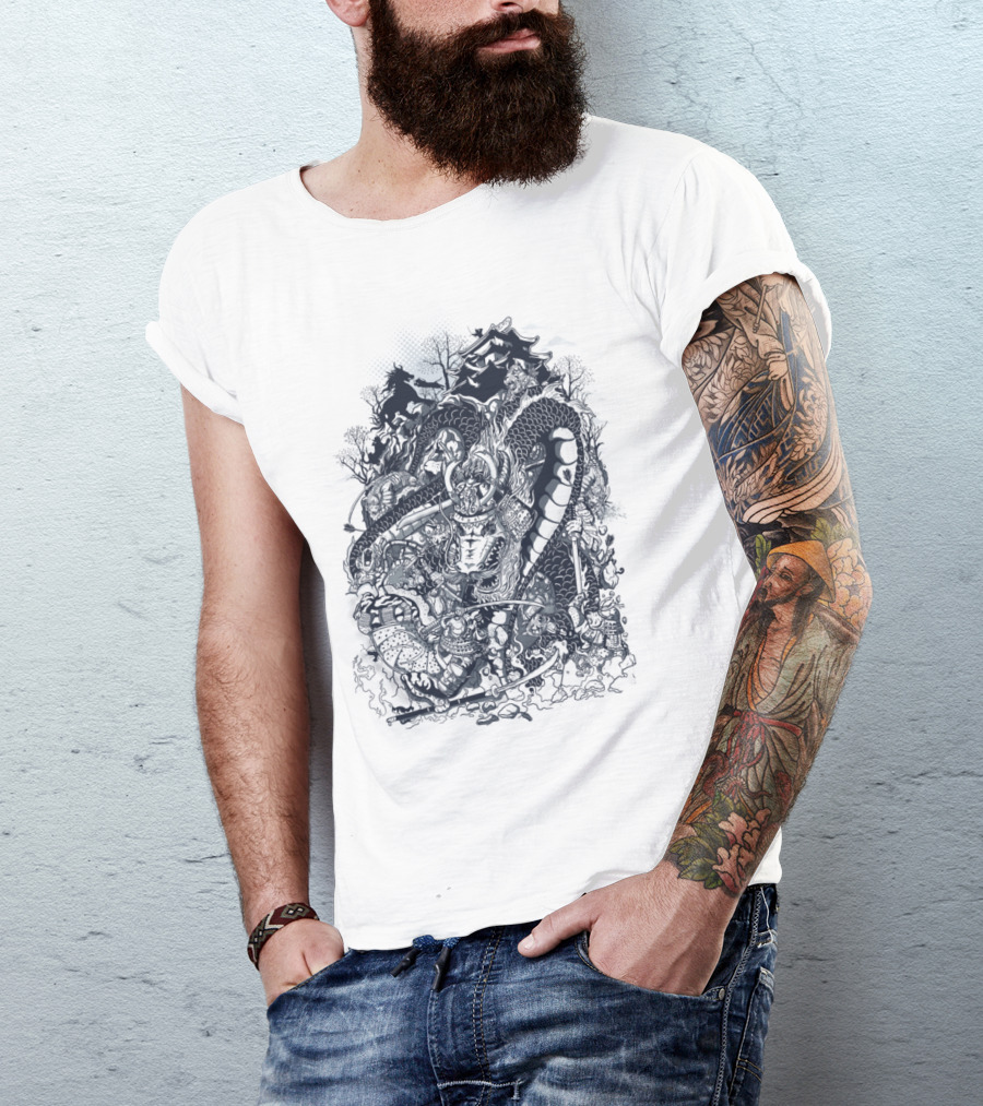 Dragon Tiger Ronin Battle Scene On Dark Canvas T-Shirt