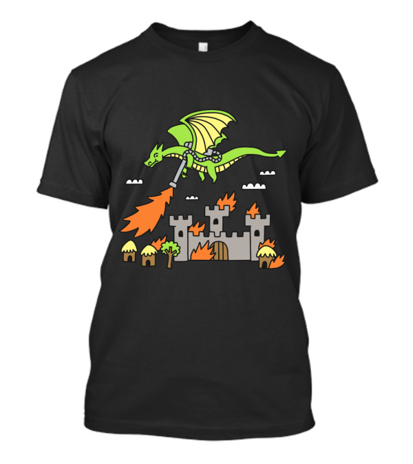 Flying Dragon Attacking Castle With Flamethrower Over Burned Village T-Shirt
