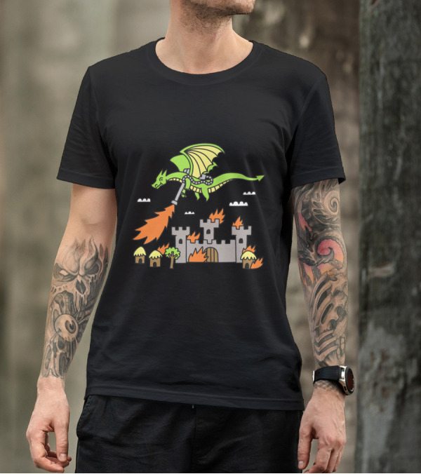 Flying Dragon Attacking Castle With Flamethrower Over Burned Village T-Shirt