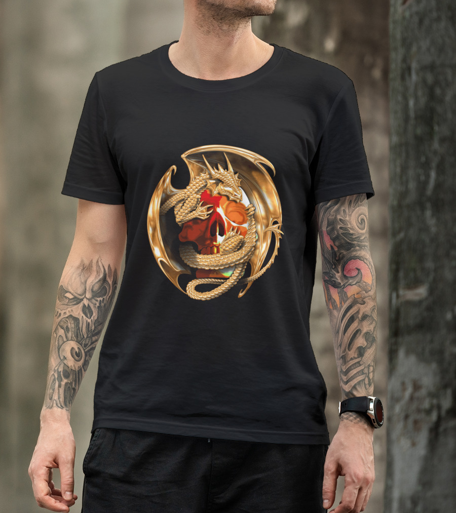 Golden Dragon Wrapped Around Fiery Skull Iconic T-Shirt