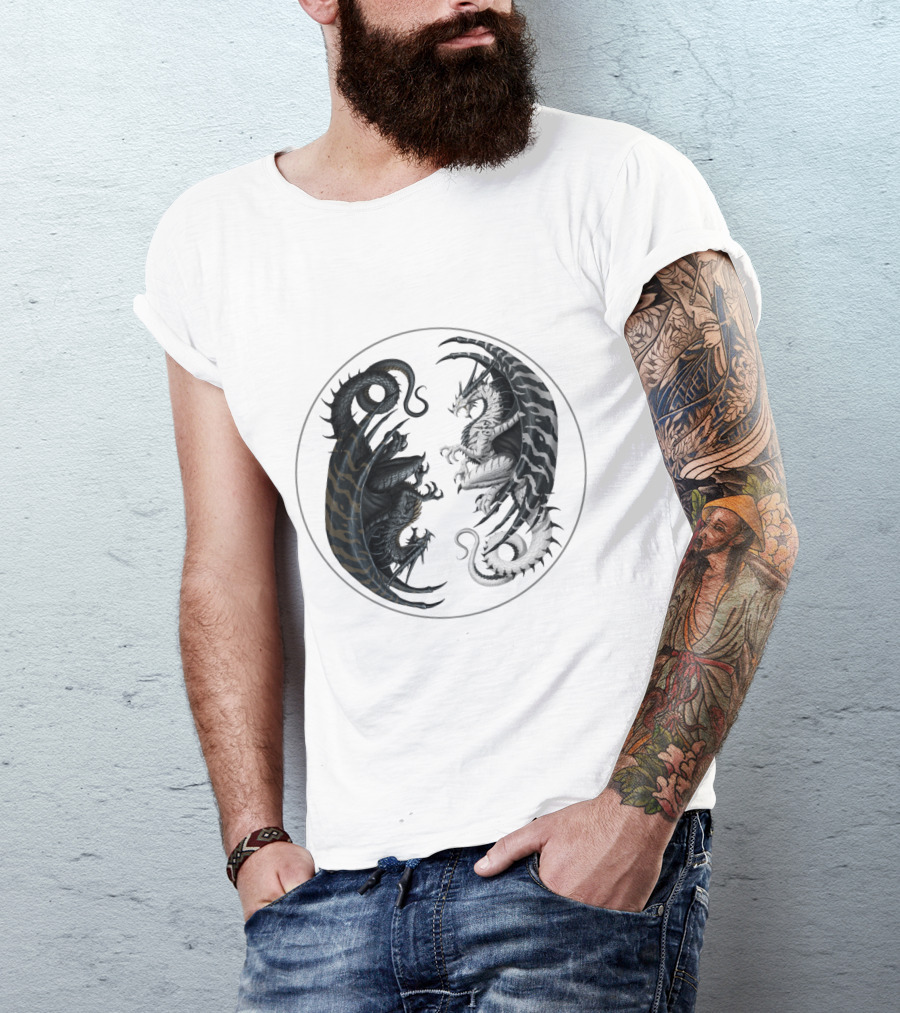 Good Vs Evil Black Dragon White Dragon Yin Yang T-Shirt