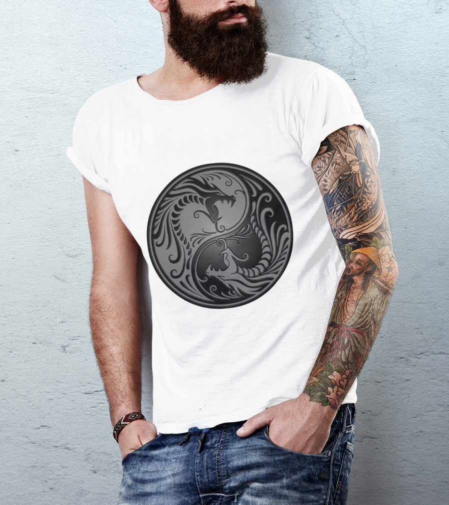 Gray Black Yin Yang Dragons Circle T-Shirt