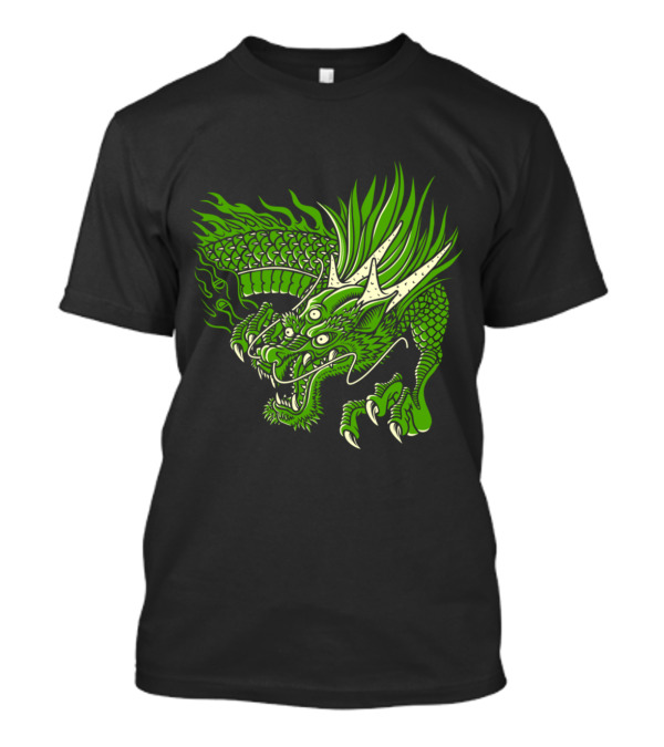 THREE EYED DRAGON FIERY GREEN BEAST WITH HORNS AND FANGS T-Shirt