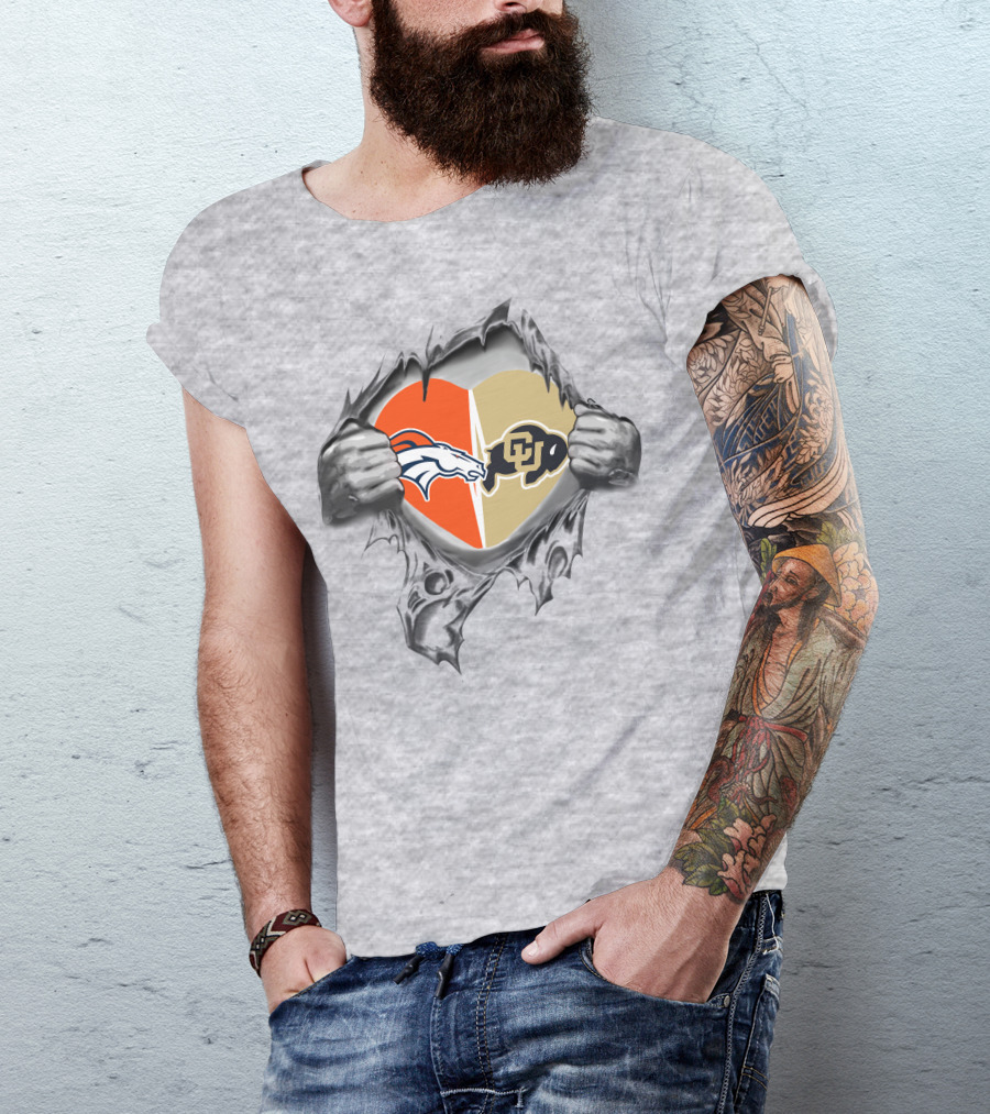 Broncos Buffaloes Heart Logos In Torn T-Shirt