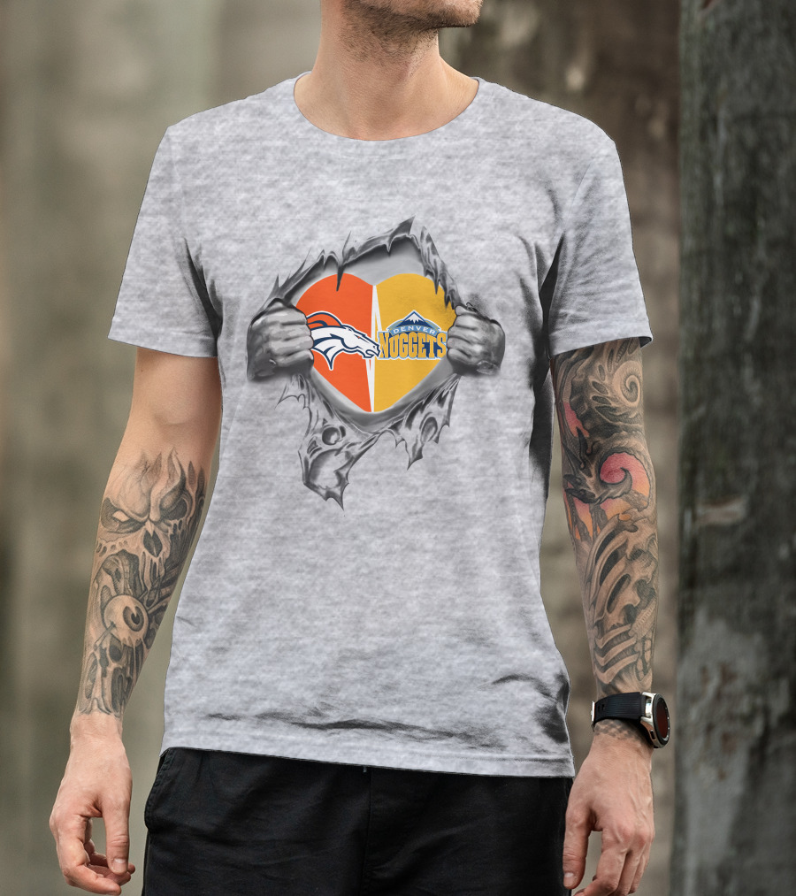 Broncos Denver Nuggets Heart Ripped Open T-Shirt