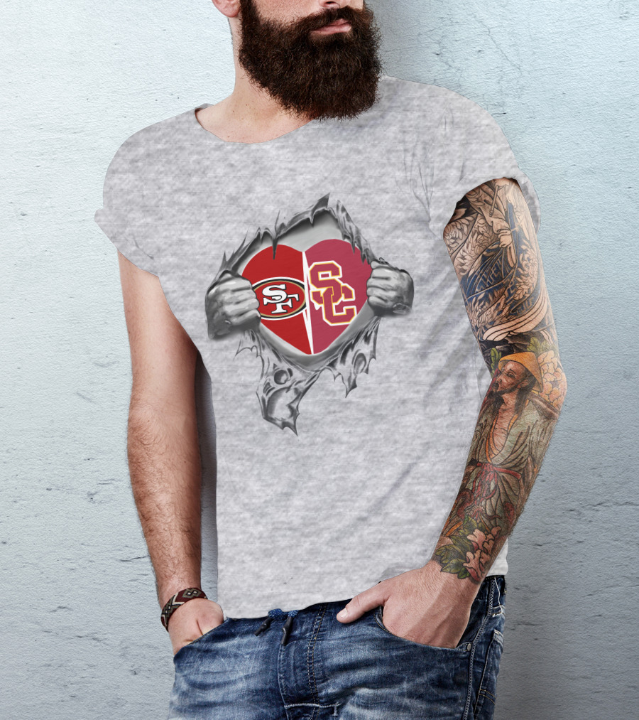 SF 49ers USC Trojans Logos Torn Heart T-Shirt