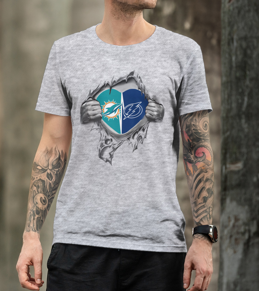 Tampa Bay Lightning Miami Dolphins Heart Torn Football Fan Spirit T-Shirt