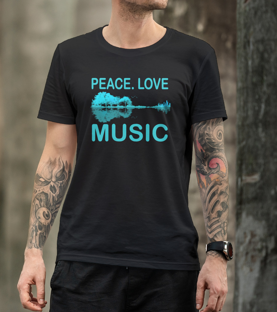 Peace Love Music Guitar Lake Shadow Scenic Reflection T-Shirt