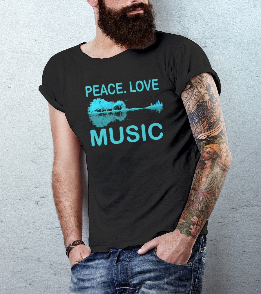 Peace Love Music Guitar Lake Shadow Scenic Reflection T-Shirt