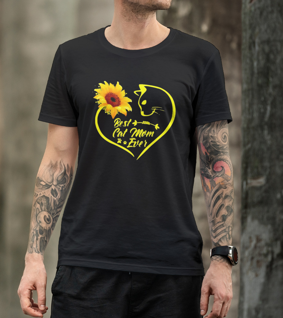 Best Cat Mom Ever Sunflower Heart Love Cat Face T-Shirt