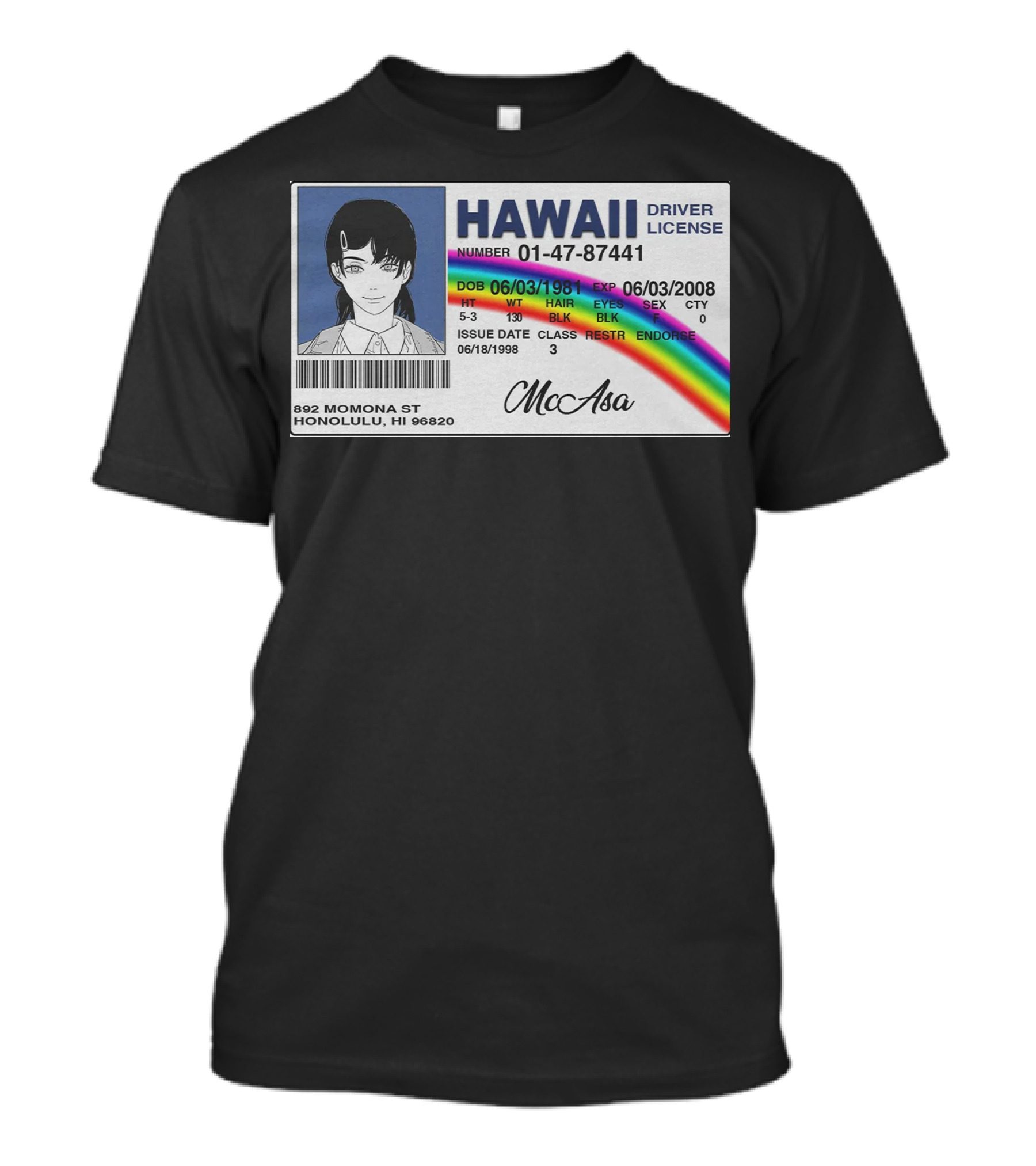 Hawaii Driver License McAsa Anime Character 01-47-87441 Rainbow T-Shirt