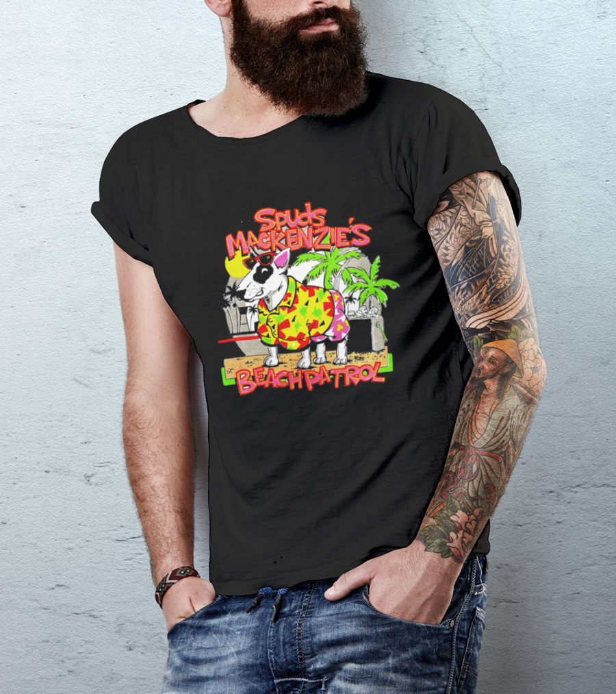 Spuds Mackenzie’s Beach Patrol Tropical Style Dog In Sunglasses And Hawaiian Shirt With Palm Trees T-Shirt