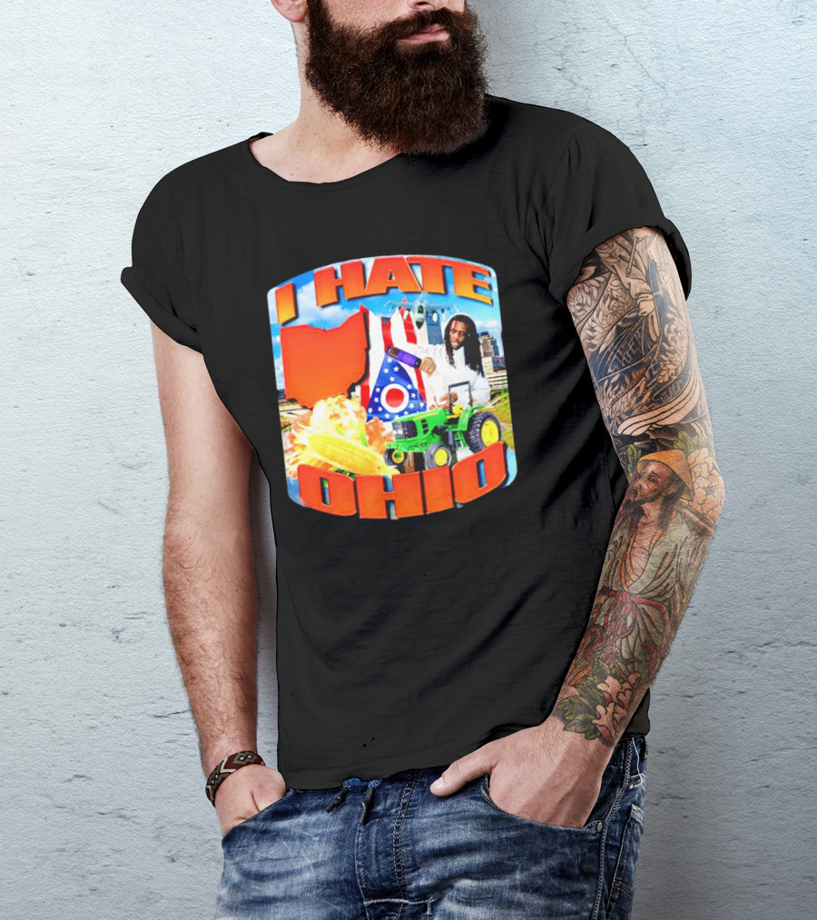 I Hate Ohio Tractor Explosion Corn Ohio Flag Skyline T-Shirt