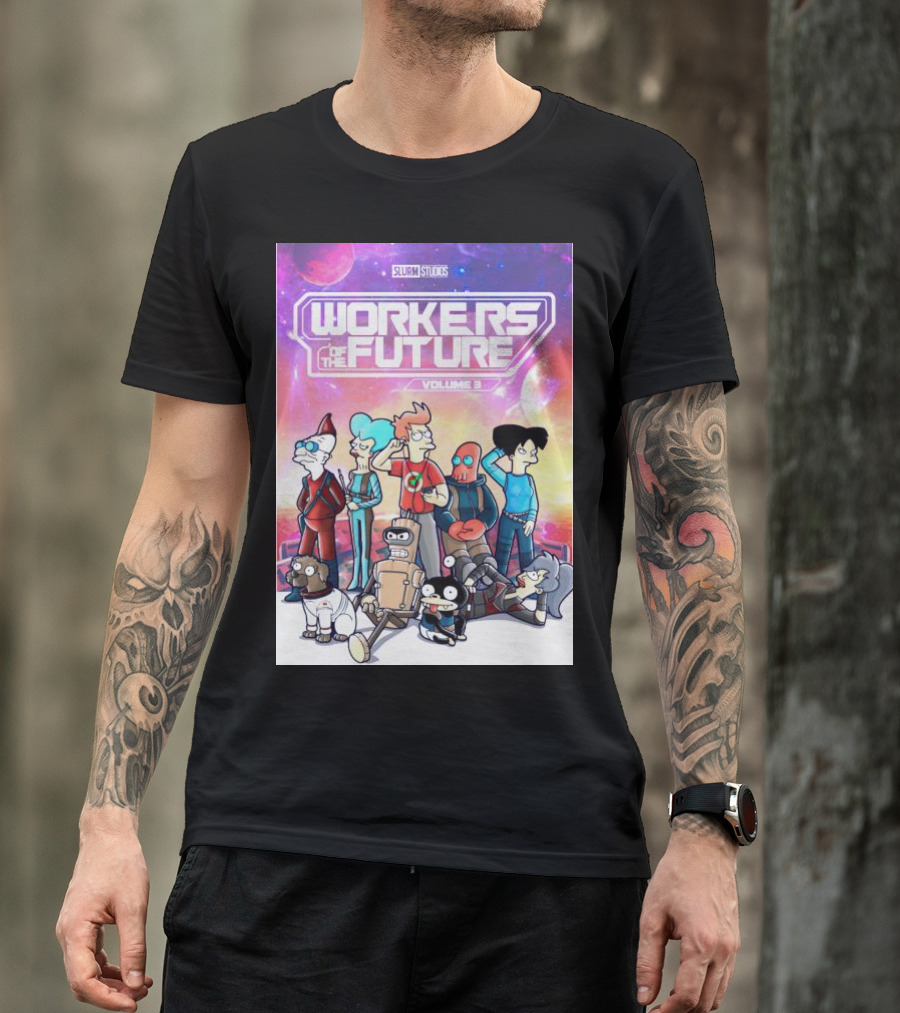 SLURM STUDIOS Workers Of The Future Volume 3 Futurama Characters Retro Futuristic T-Shirt