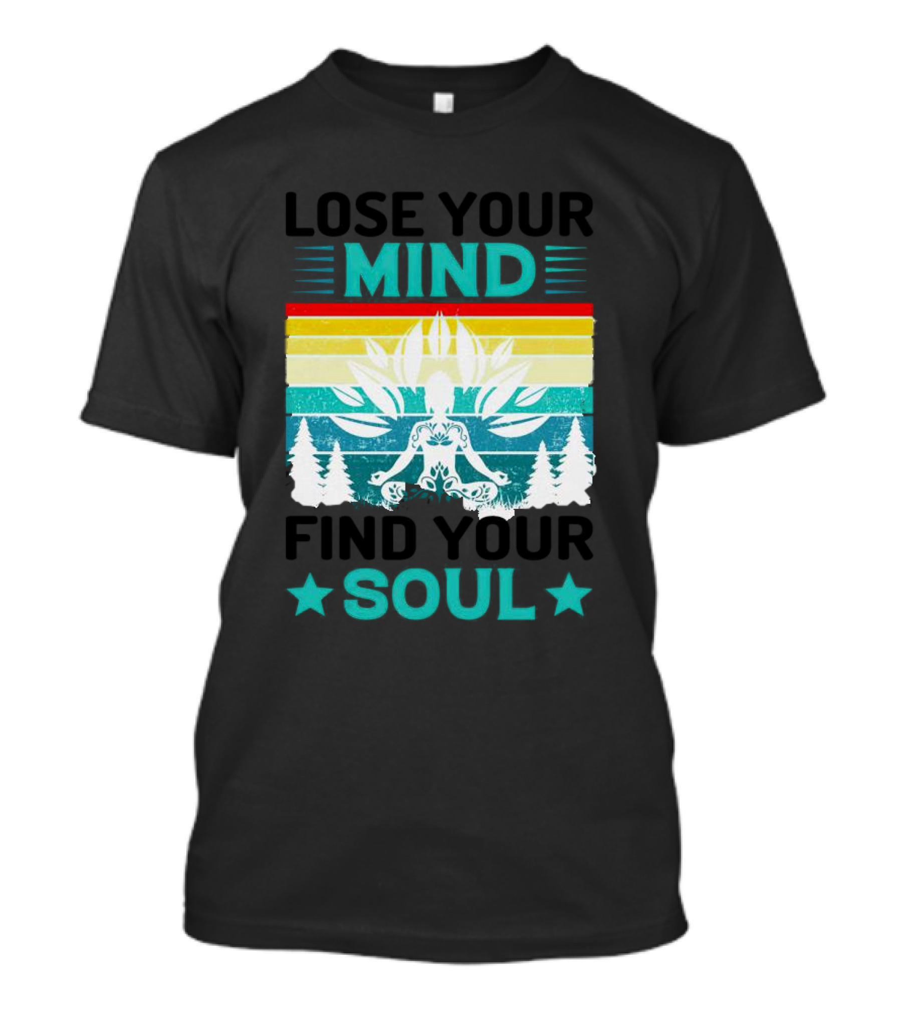 LOST MIND FOUND SOUL MEDITATION WITH LOTUS AND TREES VIBRANT RETRO STRIPES T-Shirt