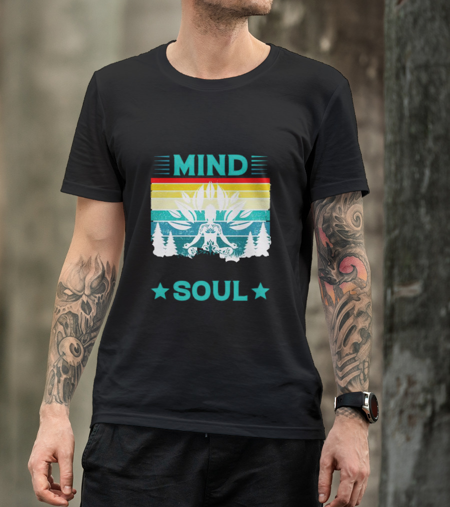 LOST MIND FOUND SOUL MEDITATION WITH LOTUS AND TREES VIBRANT RETRO STRIPES T-Shirt