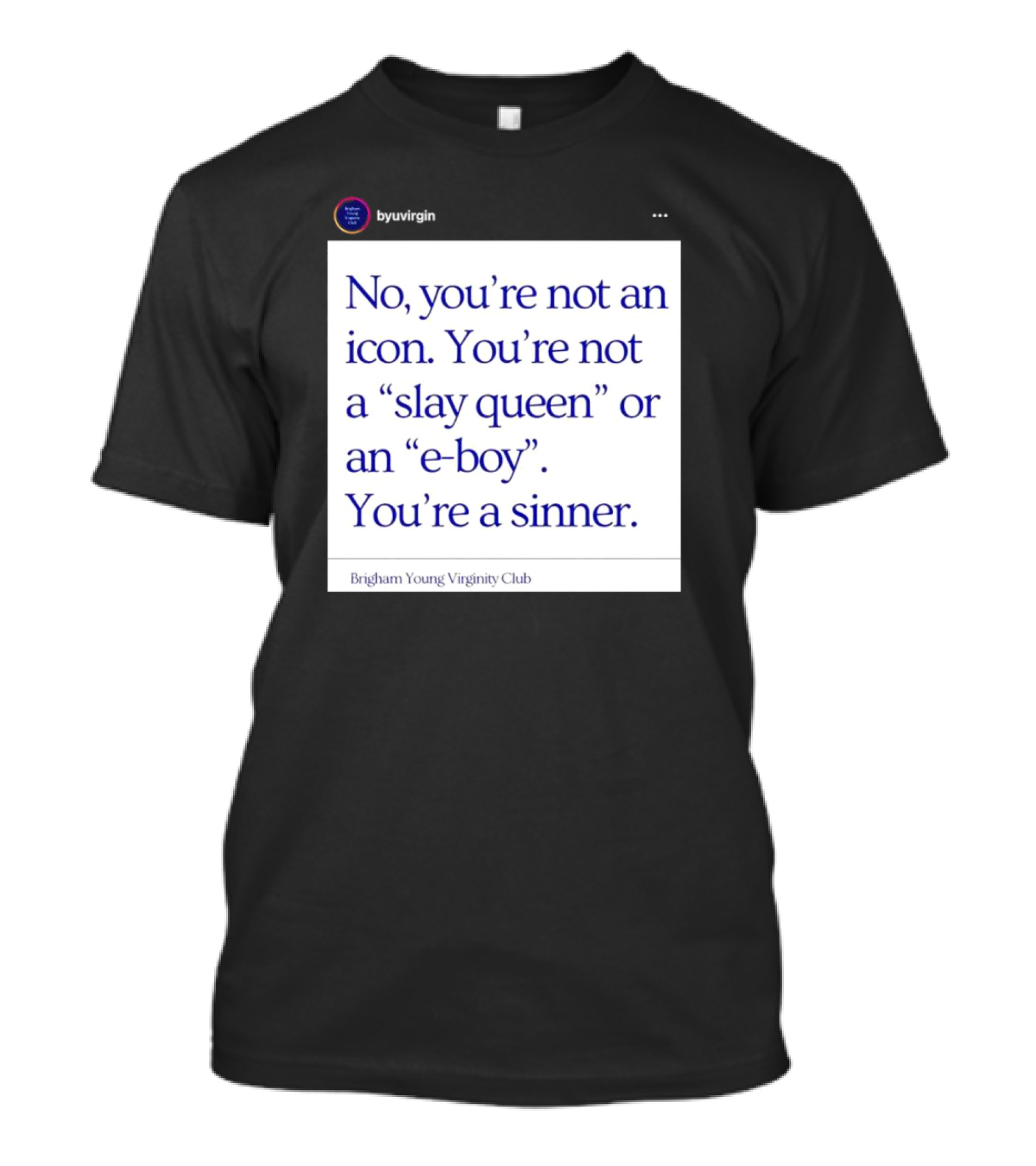 No You’re Not An Icon Not A Slay Queen Or E-Boy You’re A Sinner Brigham Young Virginity Club T-Shirt