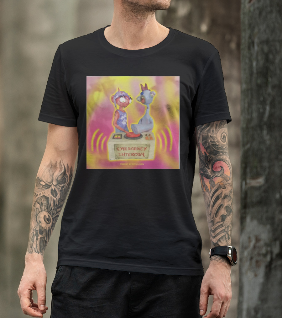 Emergency Intercom Podcast By Enya And Drew Vibrant Cartoon Characters On Bright Background T-Shirt