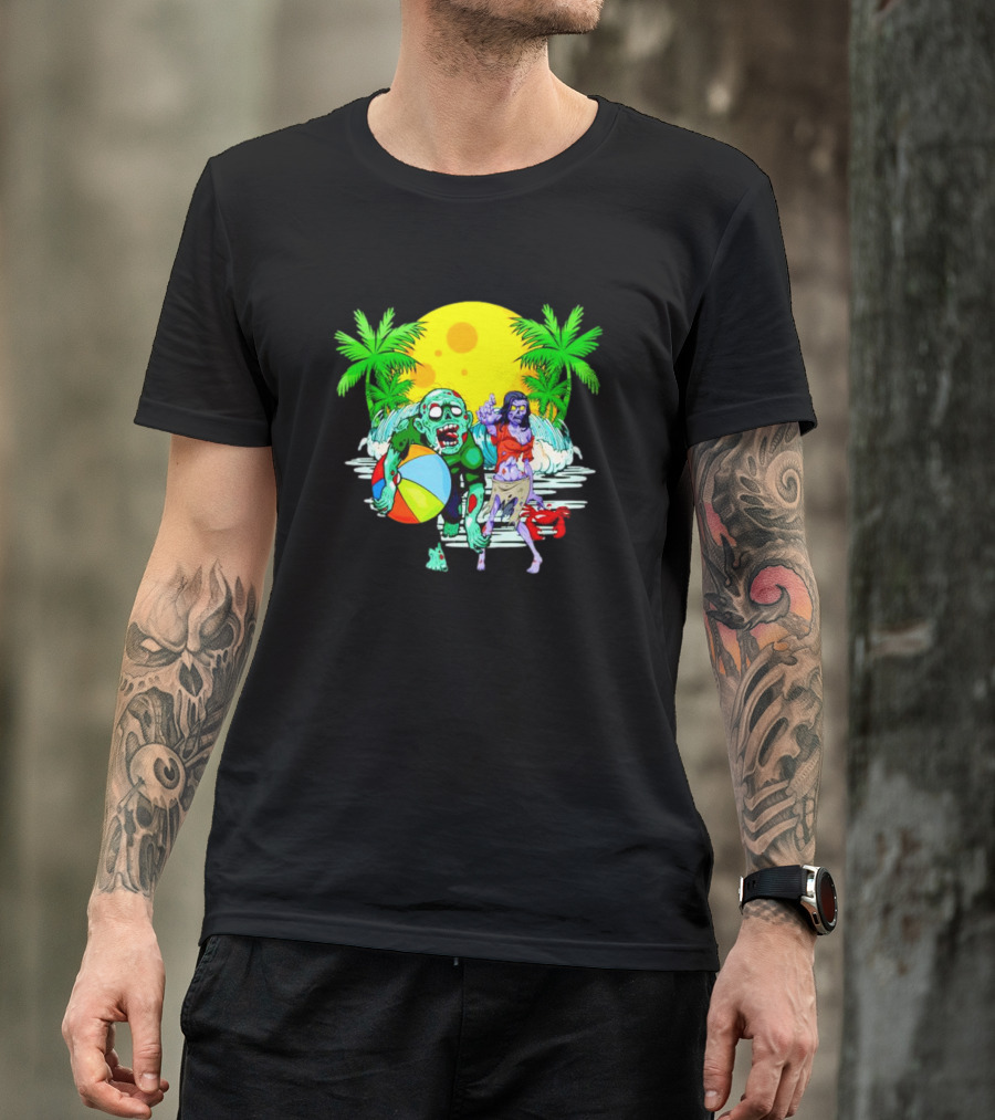 Zombie Beach Party Under Palm Trees With Beach Ball And Surf Waves T-Shirt