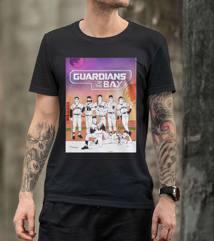 Guardians Of The Bay San Francisco Giants Baseball Players With Golden Gate Bridge And Sunset Background T-Shirt