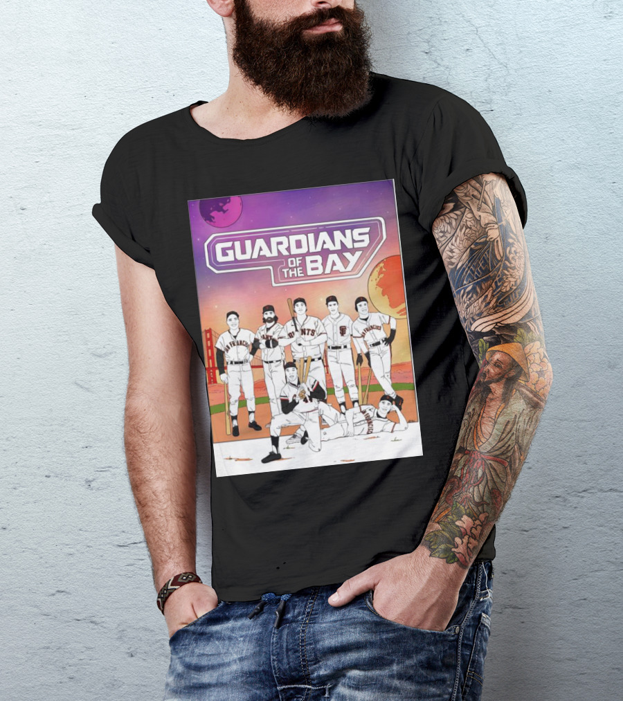 Guardians Of The Bay San Francisco Giants Baseball Players With Golden Gate Bridge And Sunset Background T-Shirt