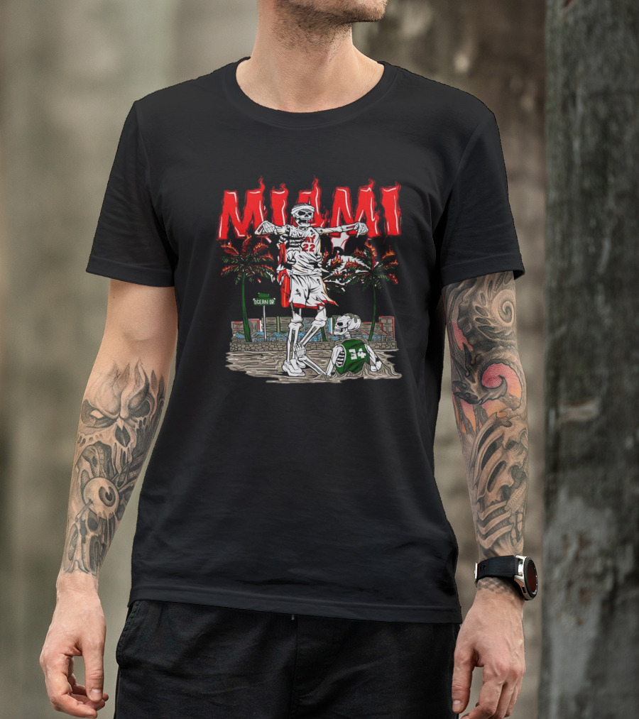 Miami Heat Skeleton Celebrating Over Boston Celtics On Ocean Drive T-Shirt