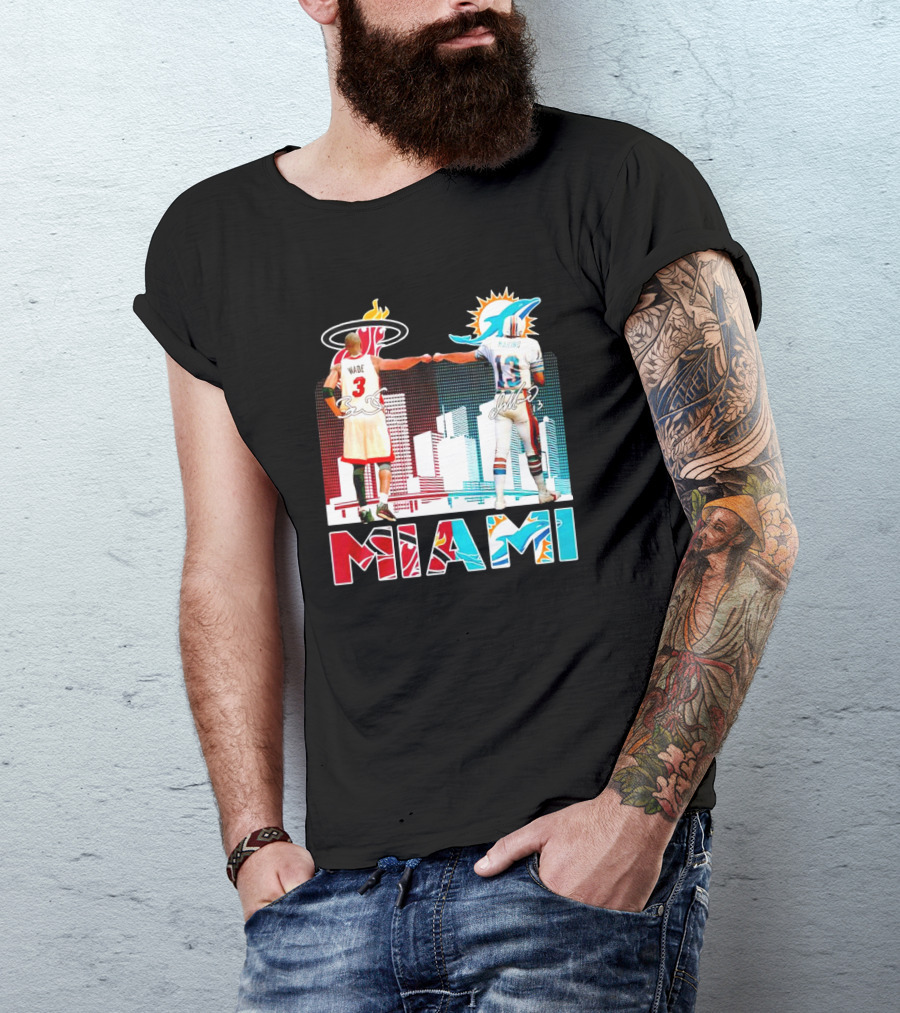 Miami Heat Dwyane Wade And Miami Dolphins Dan Marino Iconic Fist Bump Signatures T-Shirt