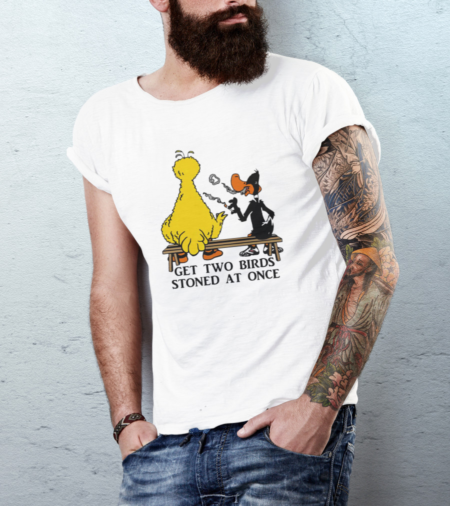 Get Two Birds Stoned At Once Smoking Yellow Black Cartoon Birds Bench T-Shirt