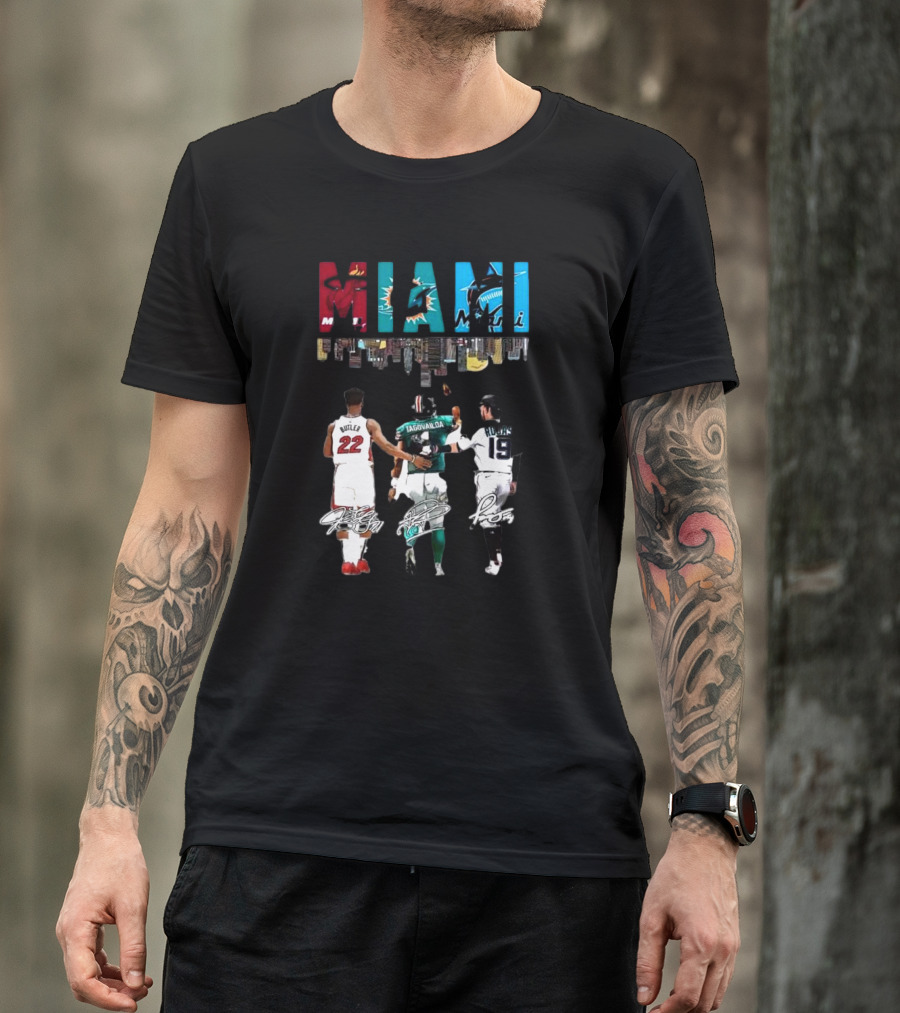Miami Heat Dolphins Marlins Butler Tagovailoa Rojas Signatures T-Shirt