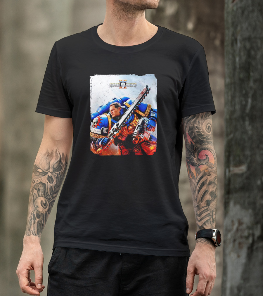 Warhammer 40000 Space Marine 2 Titus Game Art Ultramarine Warrior Battle Scene T-Shirt