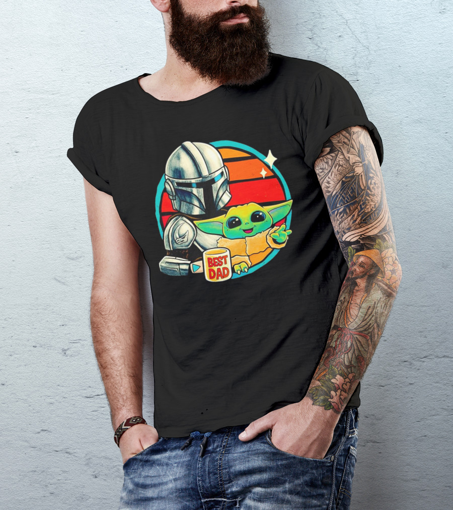Best Dad Din Djarin With Grogu Vintage Retro Sunset T-Shirt
