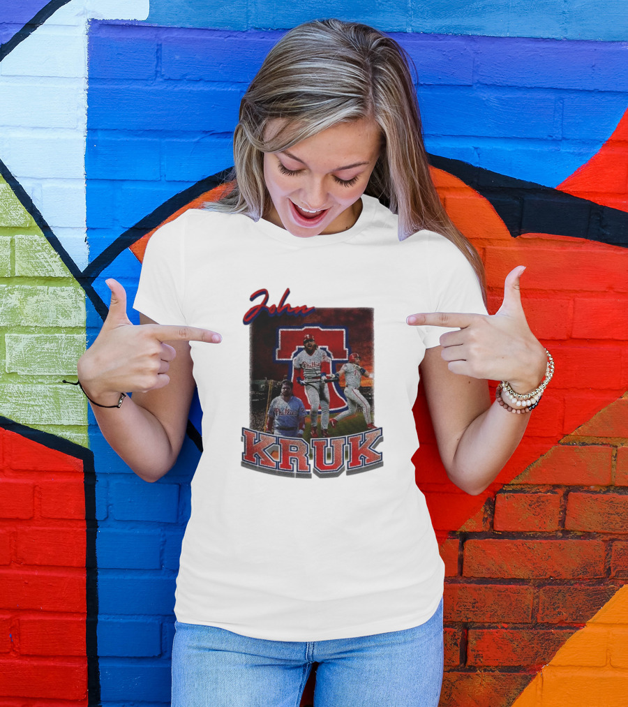 John Kruk Phillies Baseball Player Retro Style Red Blue Text T-Shirt
