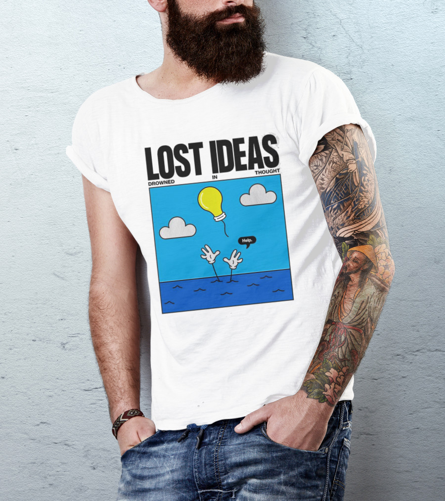 Lost Ideas Drowned In Thought Help Lightbulb Above Water Hands Clouds T-Shirt
