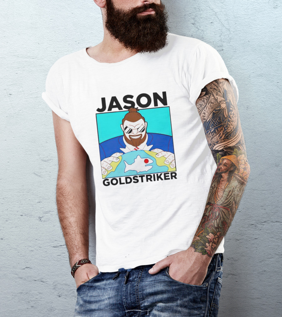 JASON GOLDSTRIKER Bold Character Holding Map With Red Marker T-Shirt