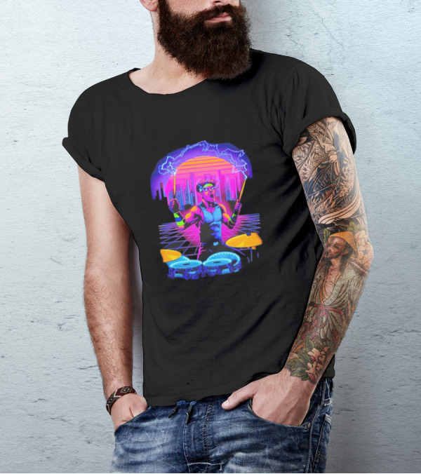 Drumatron Neon City Electric Drummer In Retro Futuristic Skyline T-Shirt