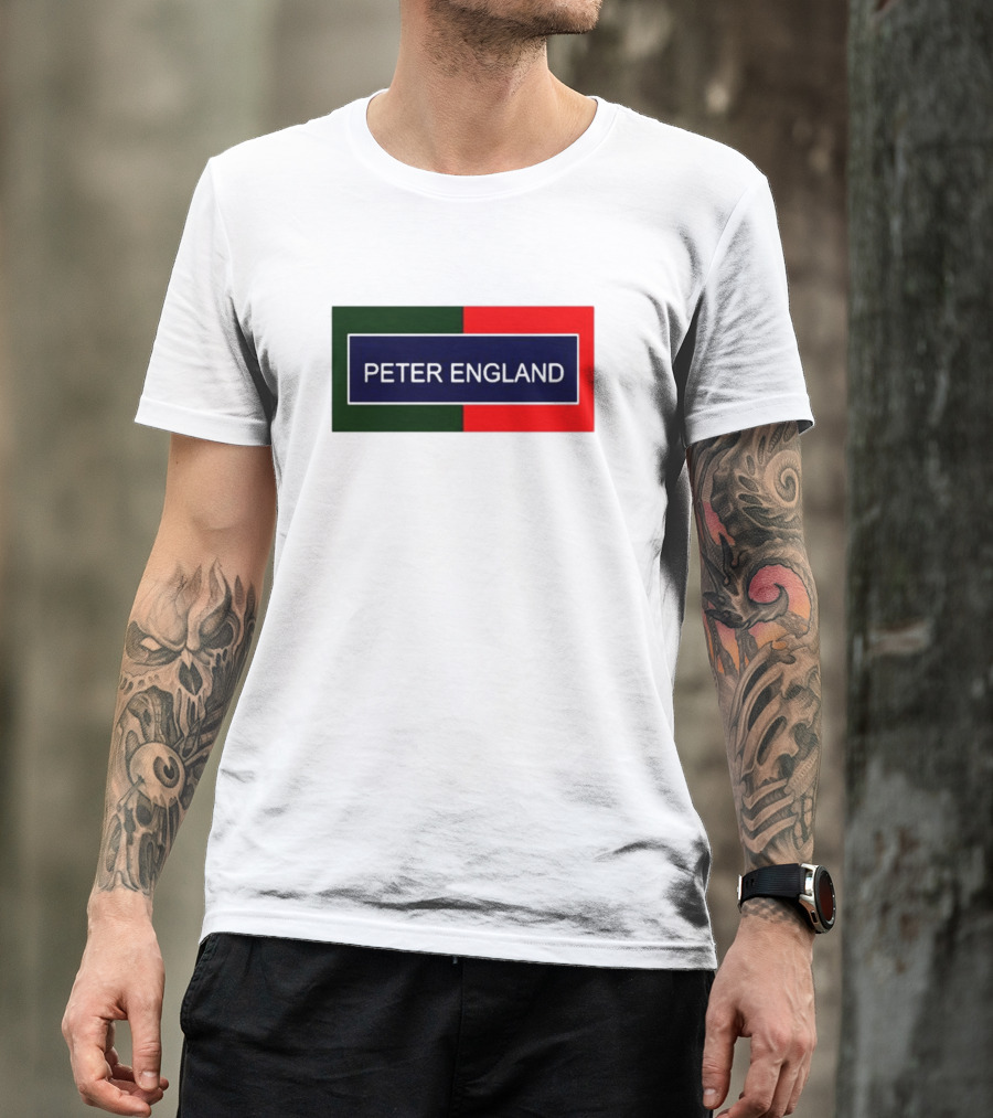 PETER ENGLAND Black Background Rectangular Logo With Green And Red Blocks T-Shirt